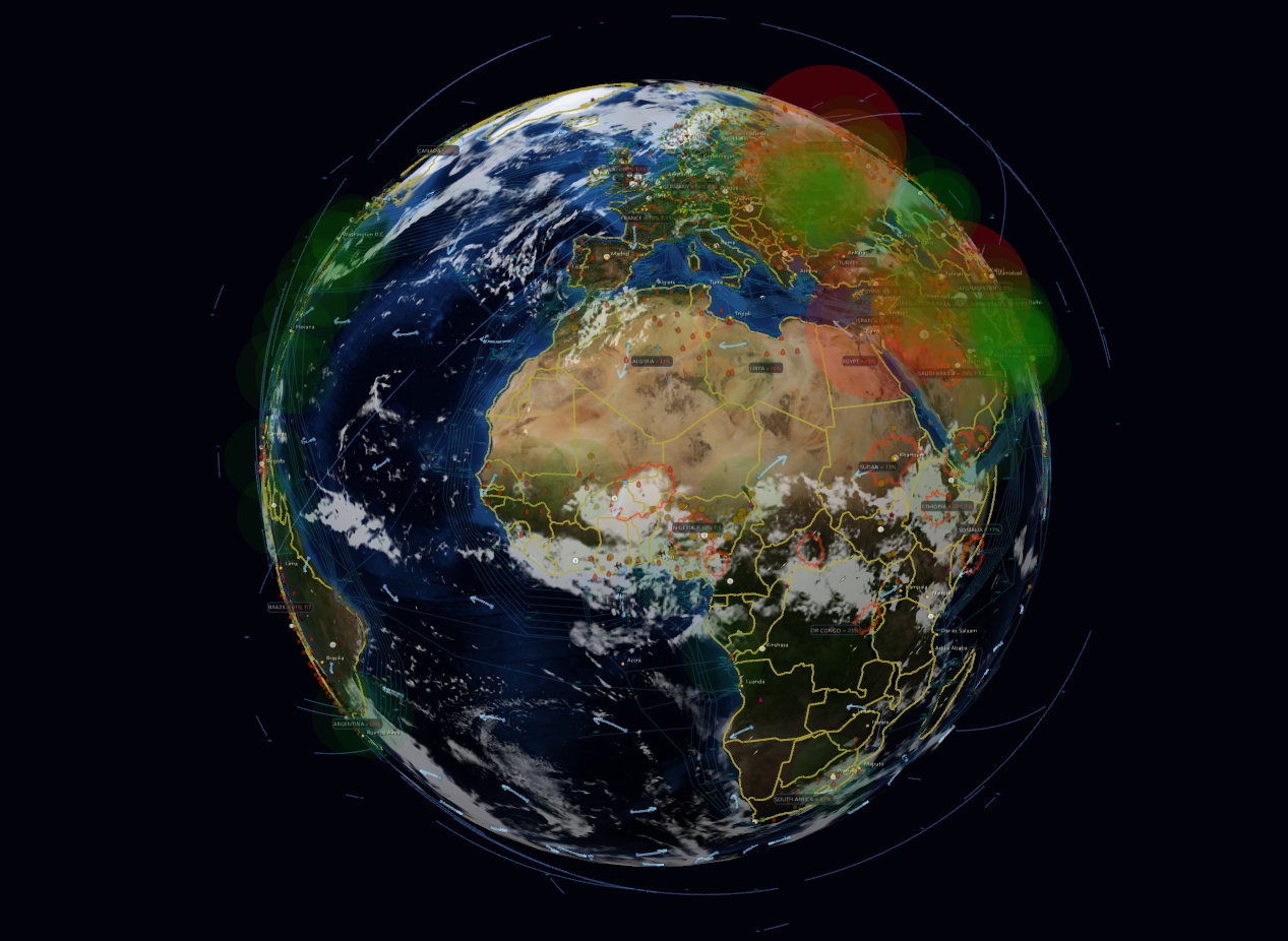 Meridian 3D globe showing real-time global intelligence data