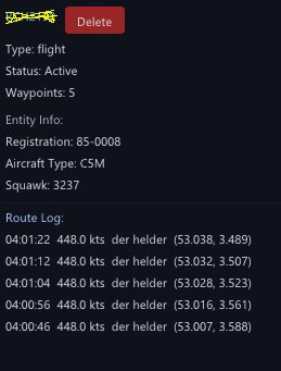 Entity tracking panel with route log