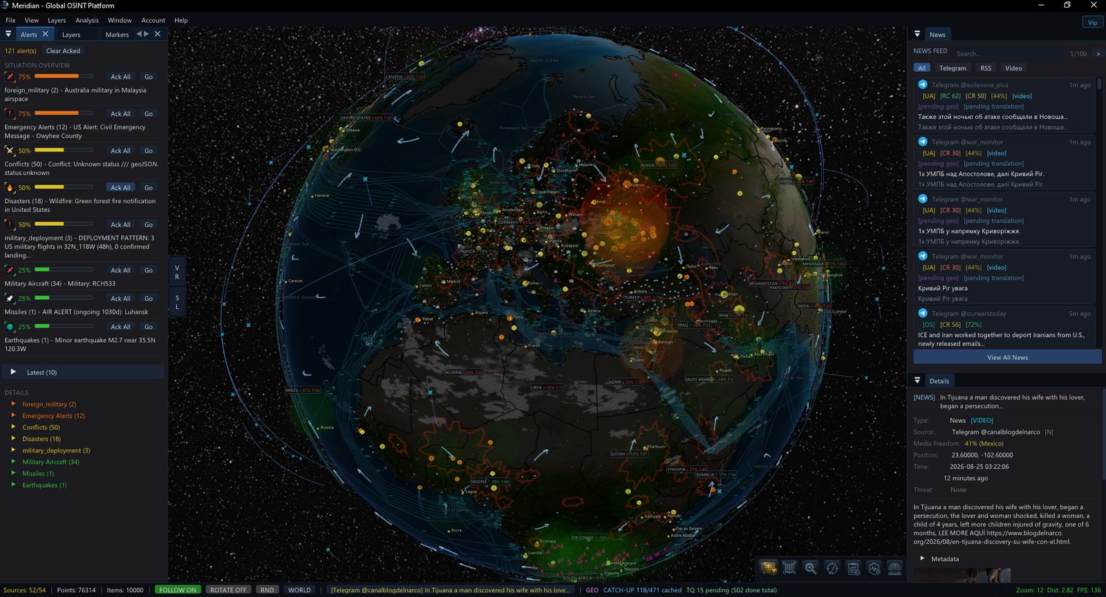 Meridian globe with live alerts, conflict zones and submarine cables