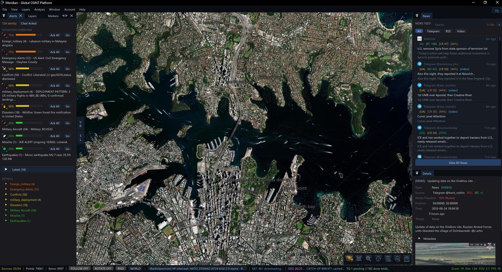 Meridian zoomed to street level over Sydney Harbour